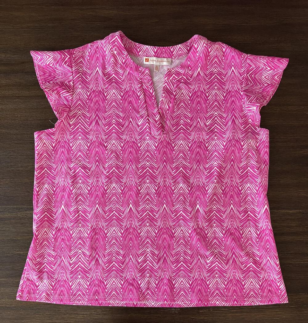 Jude Connally Shirt Blouse Womens XL Pink Geometric Flutter Sleeve Stretch Top
